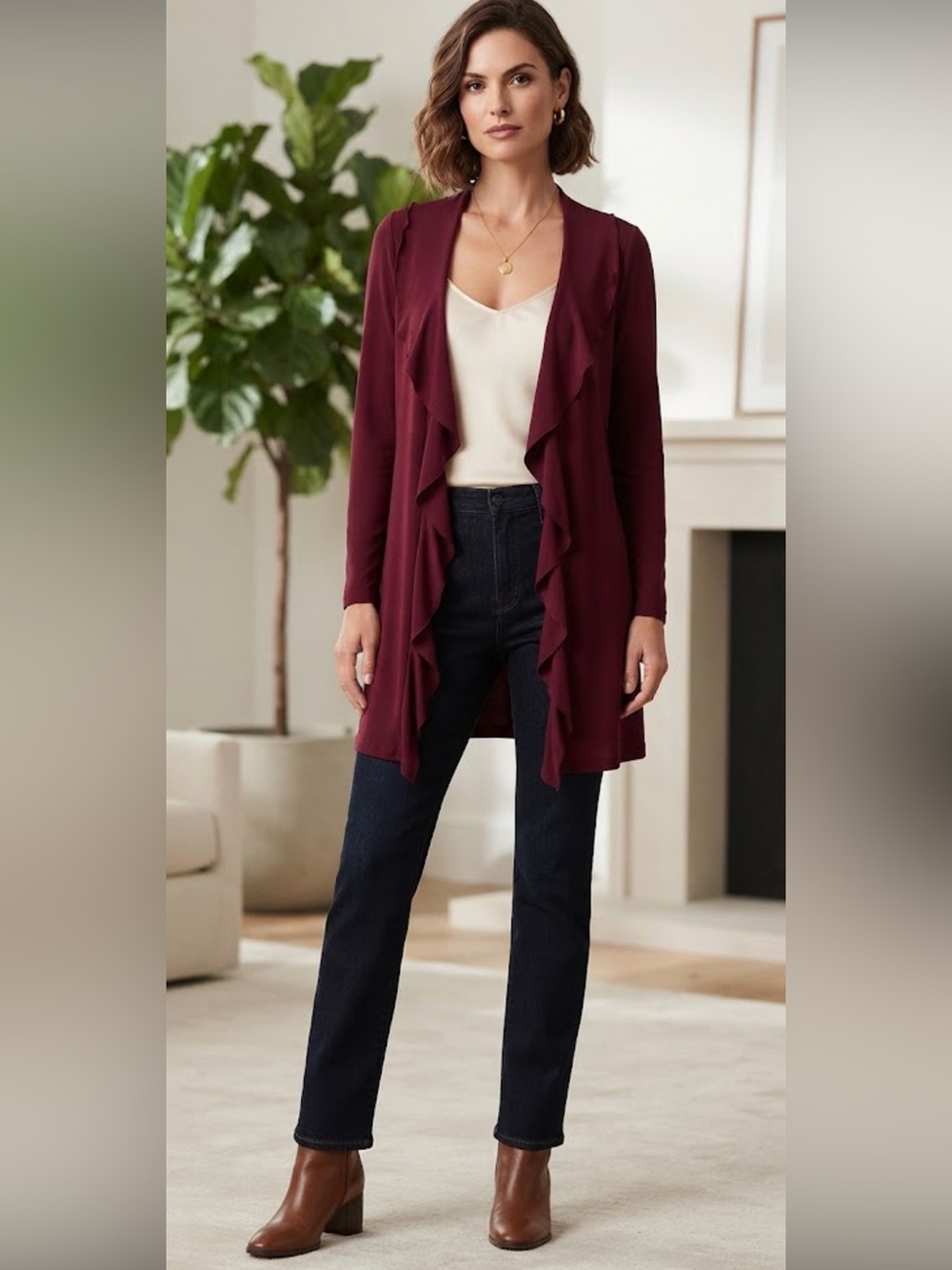 Vintage Christine Gerard open burgundy ruffle front longline cardigan
